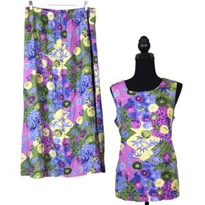 Classics Jantzen Floral Skirt Set Outfit Purple Blue Elastic Waist Cottagecore L